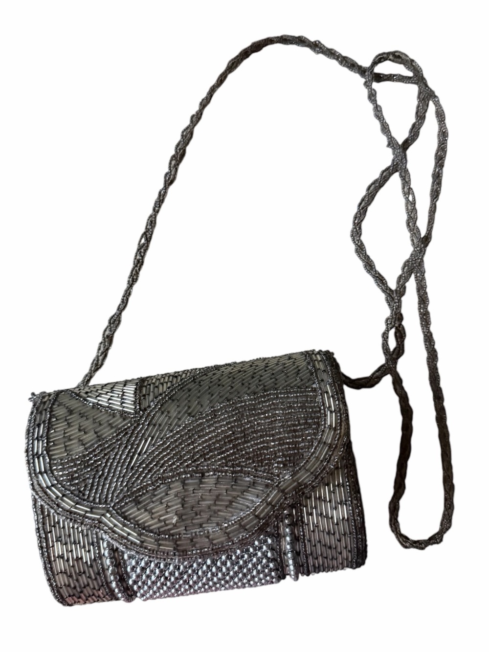 Vintage beaded Silver Crossbody Evening Bag